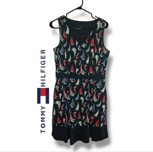 Tommy Hilfiger Navy and Red Sailboat Print Midi Dress
